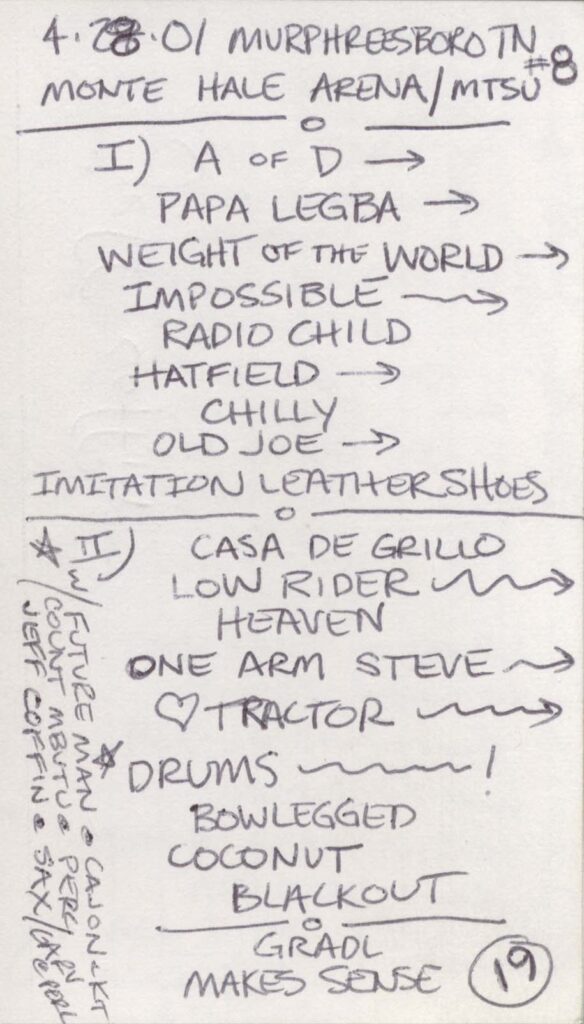 Garrie Vereen's 4/28/2001 handwritten setlist