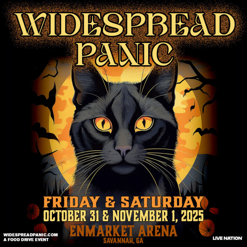 Promotional graphic for Widespread Panic's Halloween shows at Enmarket Arena in Savannah, GA October 31 and November 1