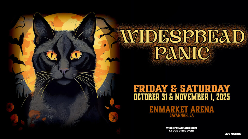 Promotional graphic for Widespread Panic's Halloween shows at Enmarket Arena in Savannah, GA October 31 and November 1
