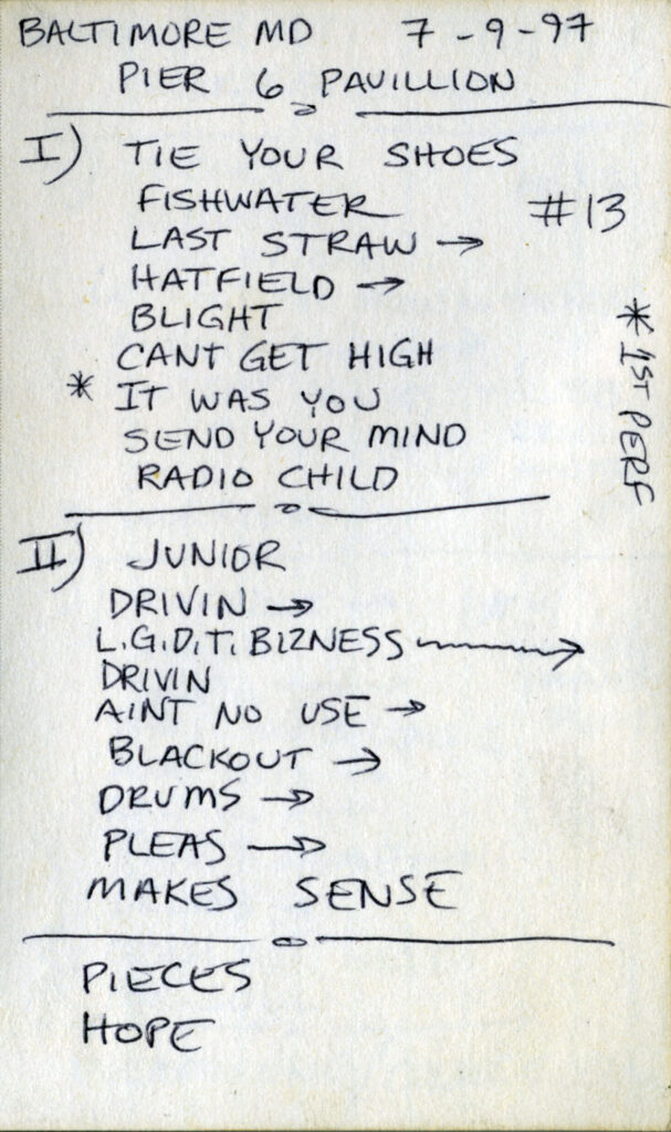 Baltimore 1997 written setlist by Garrie Vereen