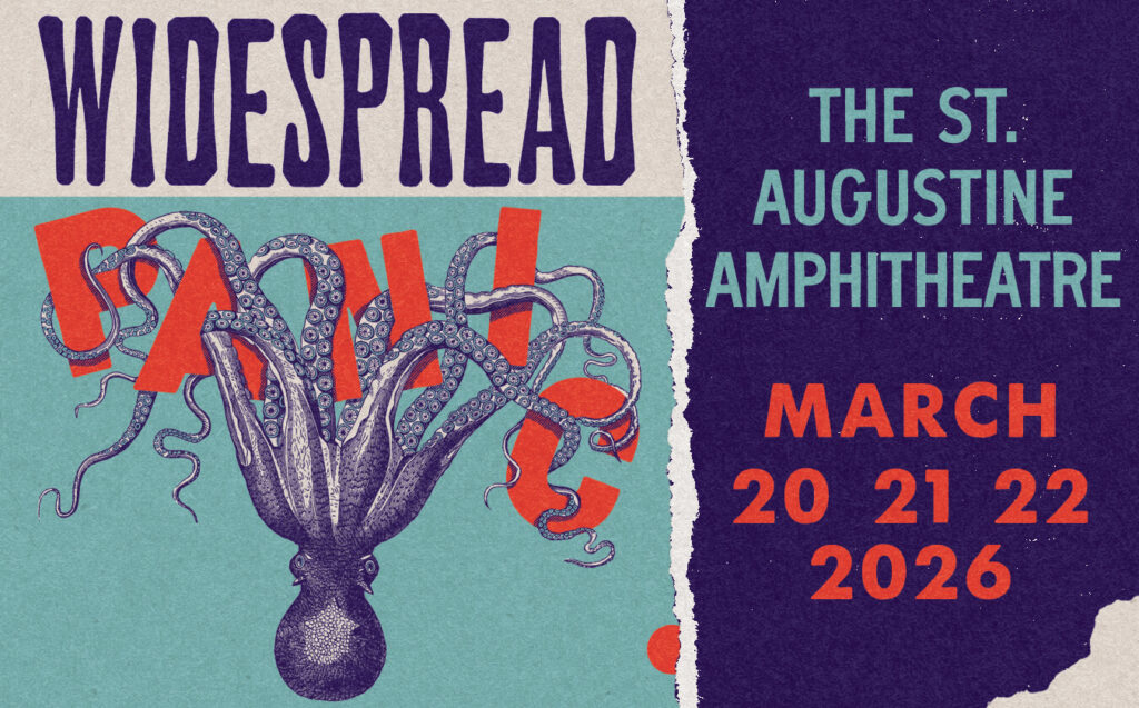 Promotional graphic for Widespread Panic St Augustine Amphitheatre shows March 20-22, 2026