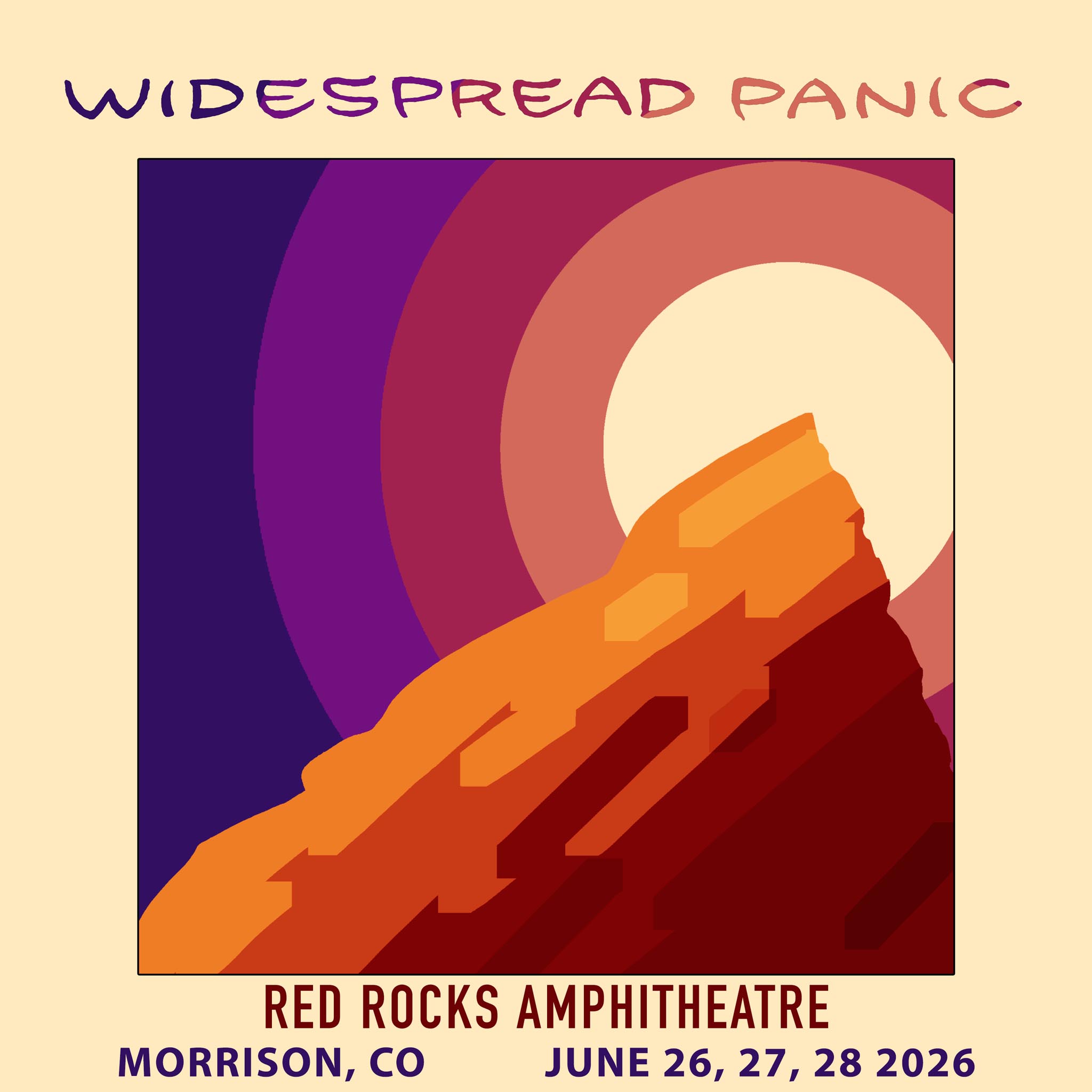 Promotional graphic for the Widespread Panic shows at Red Rocks Amphitheatre June 26-28, 2026