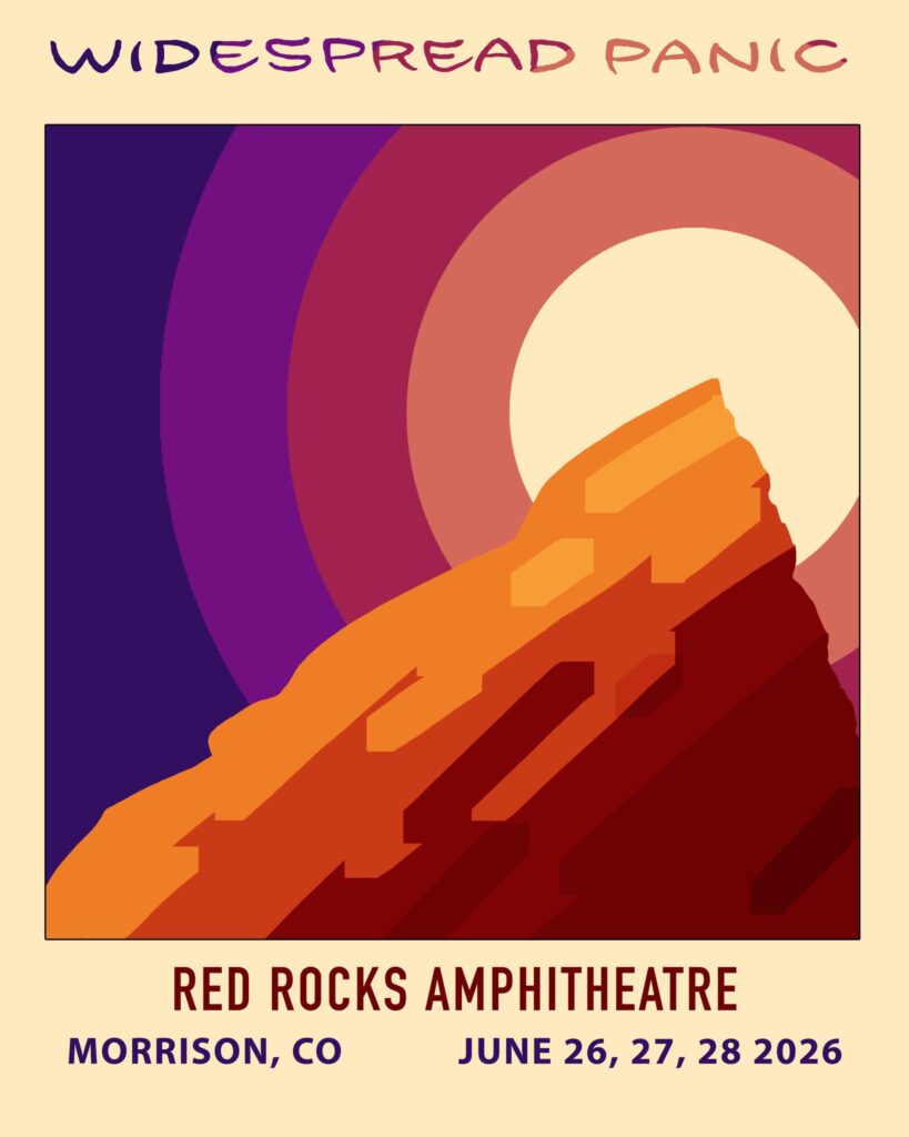 Promotional graphic for the Widespread Panic shows at Red Rocks Amphitheatre June 26-28, 2026
