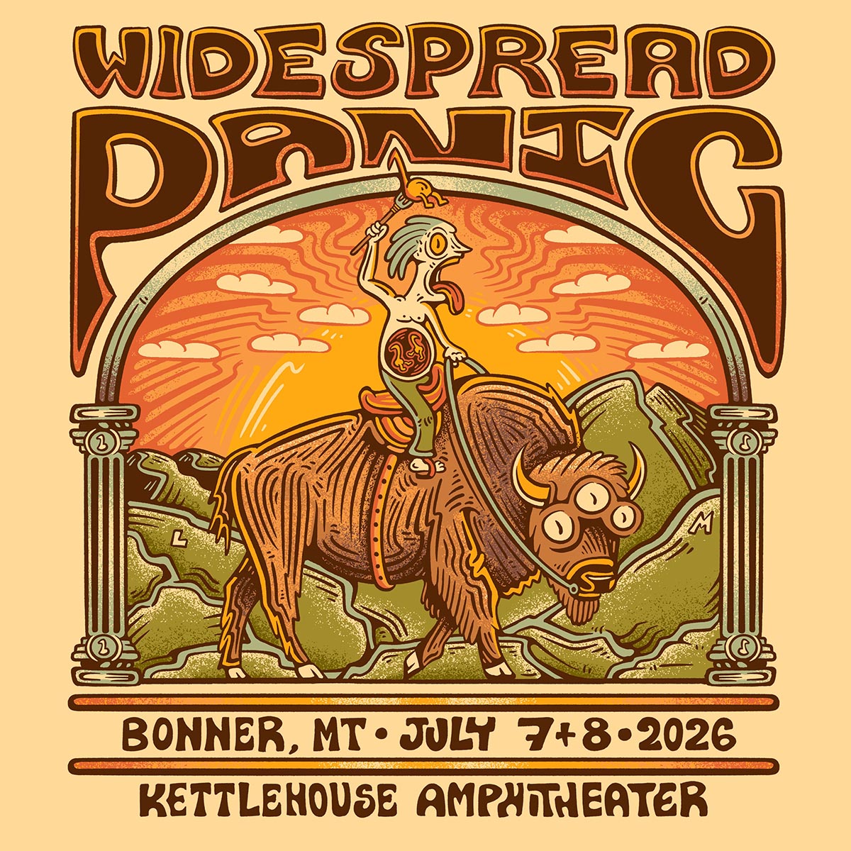 Promotional graphic for the Widespread Panic shows in Missoula, Montana July 7-8, 2026 at KettleHouse Amphitheater