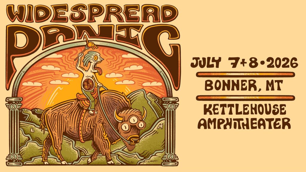 Promotional graphic for the Widespread Panic shows in Missoula, Montana July 7-8, 2026 at KettleHouse Amphitheater