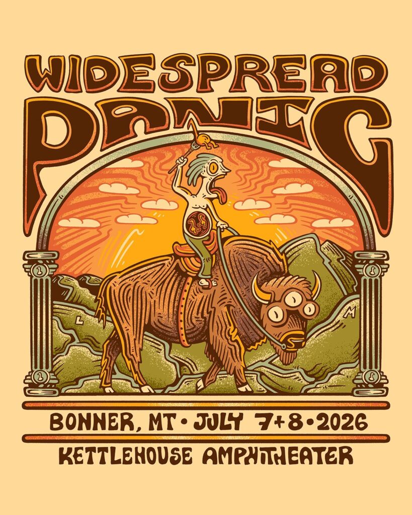 Promotional graphic for the Widespread Panic shows in Missoula, Montana July 7-8, 2026 at KettleHouse Amphitheater