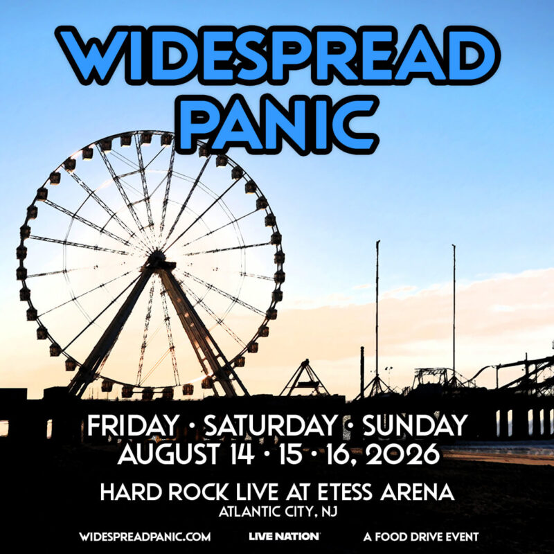 Promotional graphic for the Widespread Panic shows at Etess Arena in Atlantic City, NJ on August 14, 15, and 16, 2026