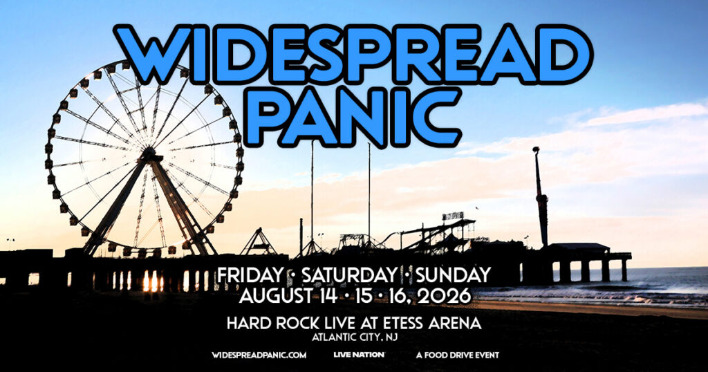 Promotional graphic for the Widespread Panic shows at Etess Arena in Atlantic City, NJ on August 14, 15, and 16, 2026