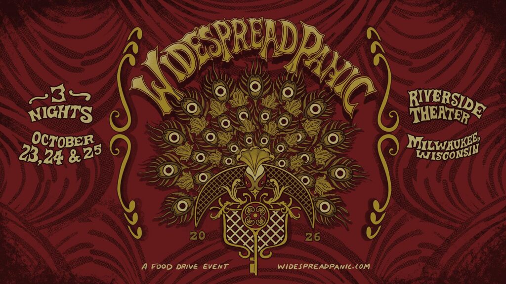 Promotional graphic for the Widespread Panic Milwaukee, WI shows at the Riverside Theater October 23, 24, and 25, 2026