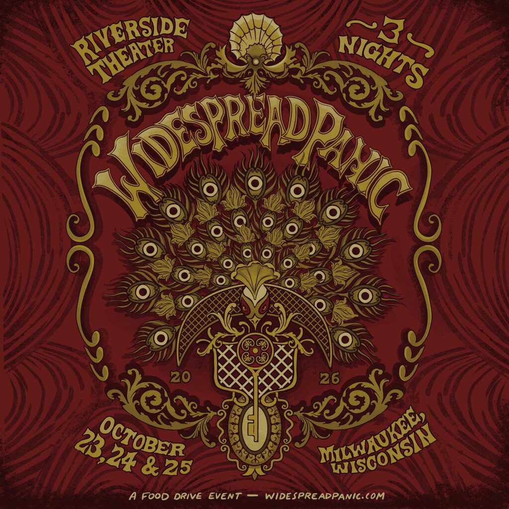 Promotional graphic for the Widespread Panic Milwaukee, WI shows at the Riverside Theater October 23, 24, and 25, 2026