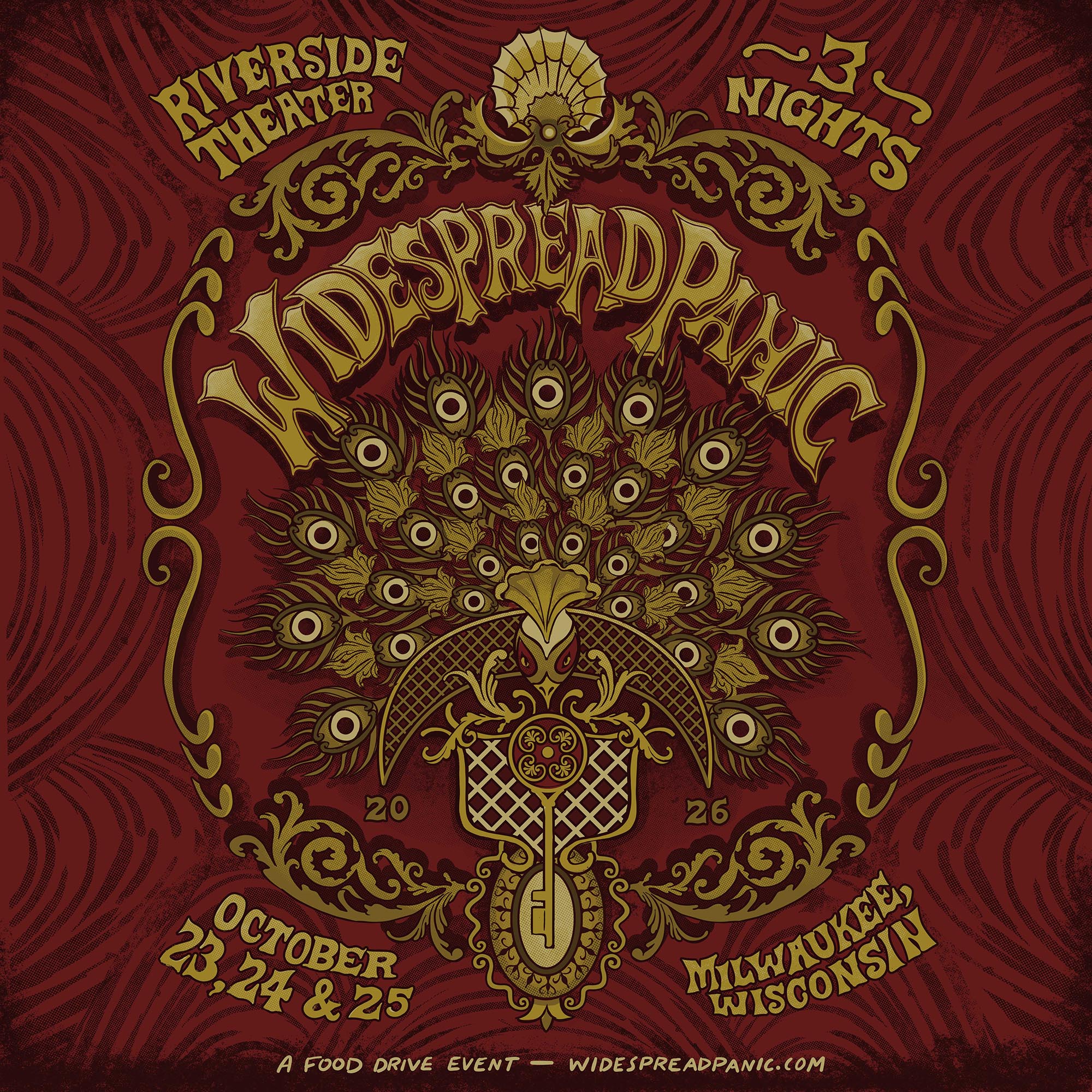 Promotional graphic for the Widespread Panic Milwaukee, WI shows at the Riverside Theater October 23, 24, and 25, 2026